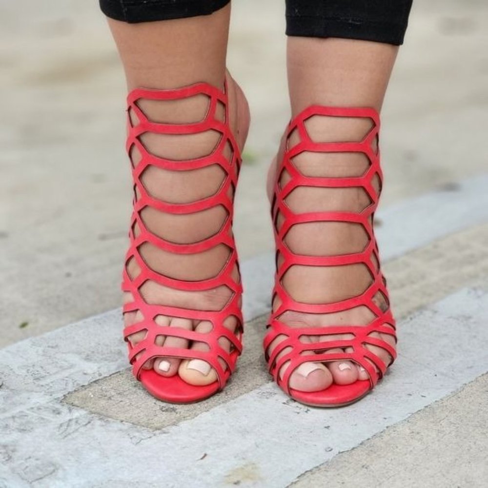 Women's Slingback Stiletto Sandal Peep Toe Hollow Red Color - Picture 5 of 5